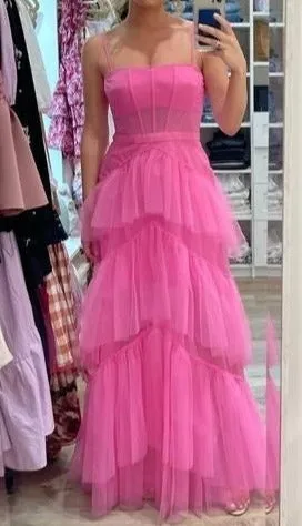 kamahe Fashion Hot Pink Layered Ruffles Evening Gown A Line Tulle Long Prom Dresses