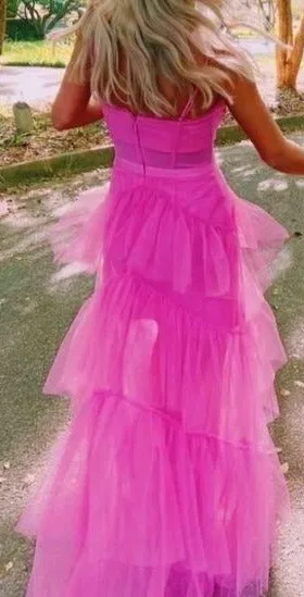 kamahe Fashion Hot Pink Layered Ruffles Evening Gown A Line Tulle Long Prom Dresses