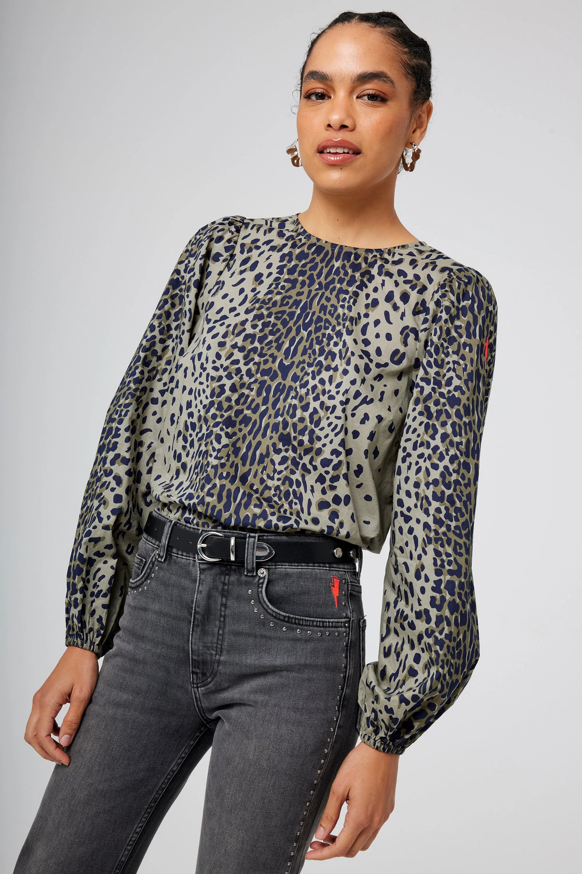 Khaki with Black Wild Leopard Blouson Sleeve Top