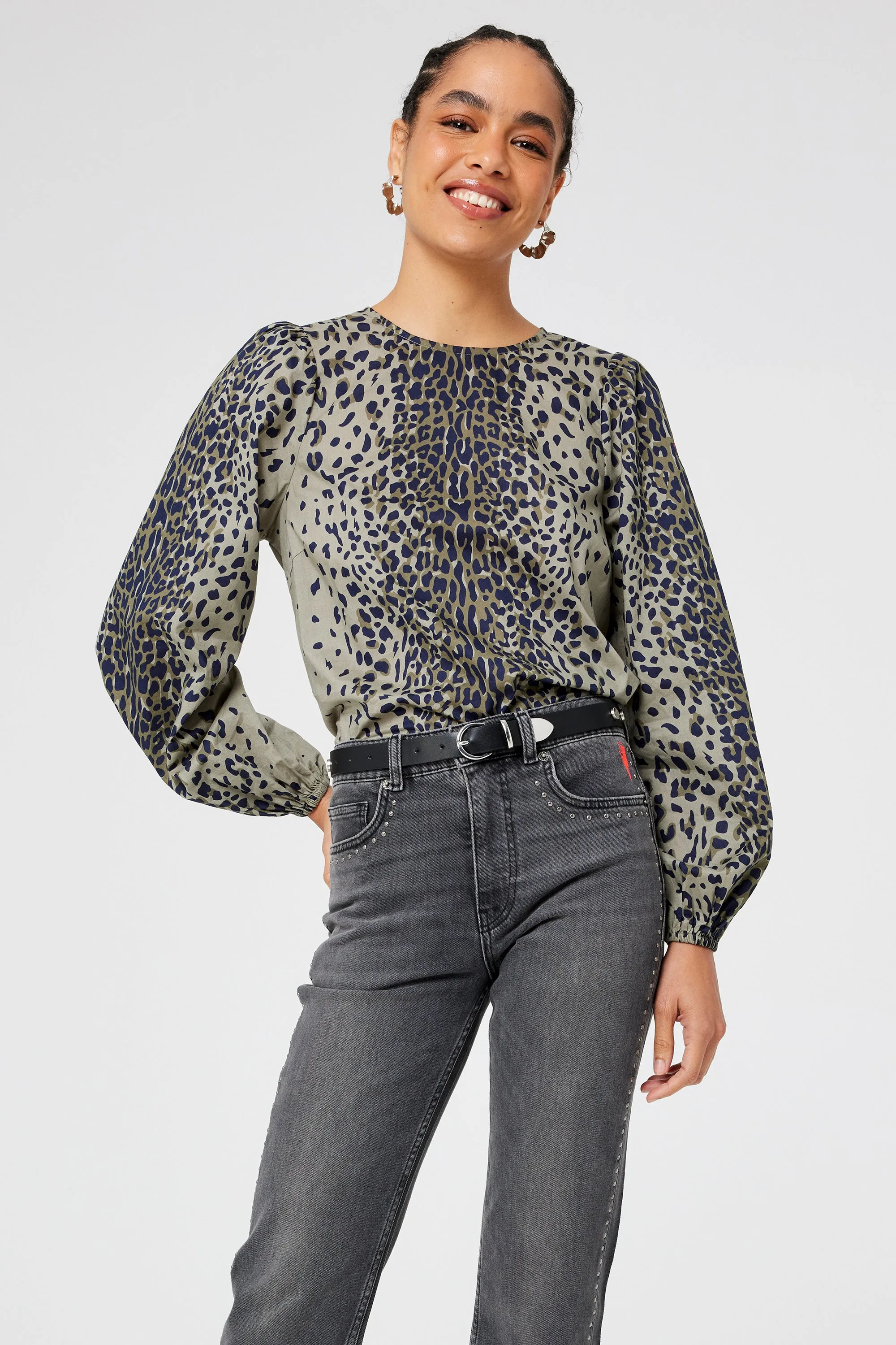 Khaki with Black Wild Leopard Blouson Sleeve Top