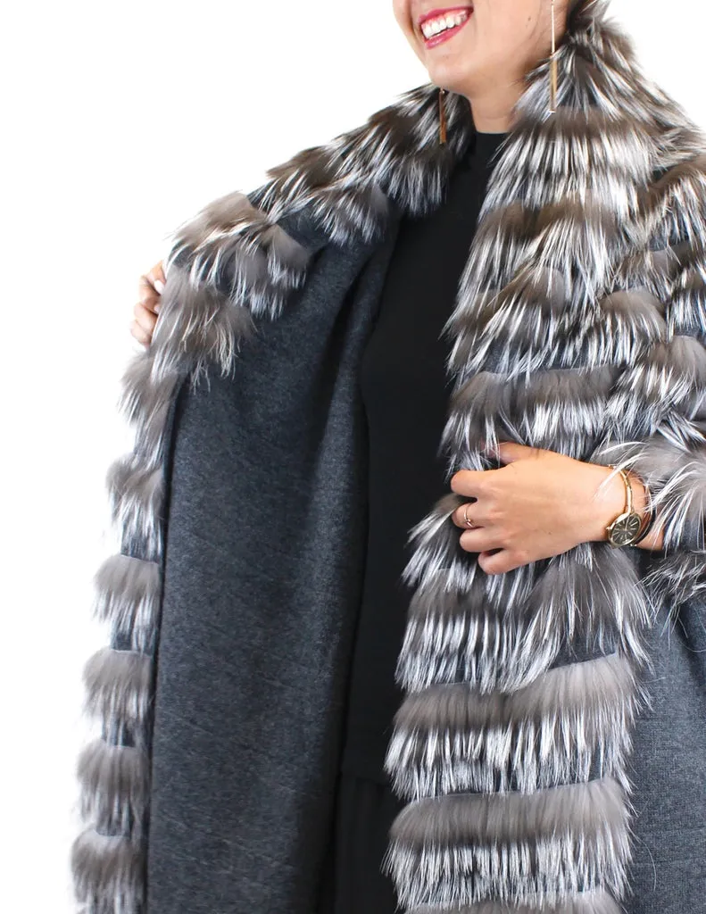 LAYERED SILVER FOX FUR AND GRAY KNITTED CASHMERE WRAP, SHAWL