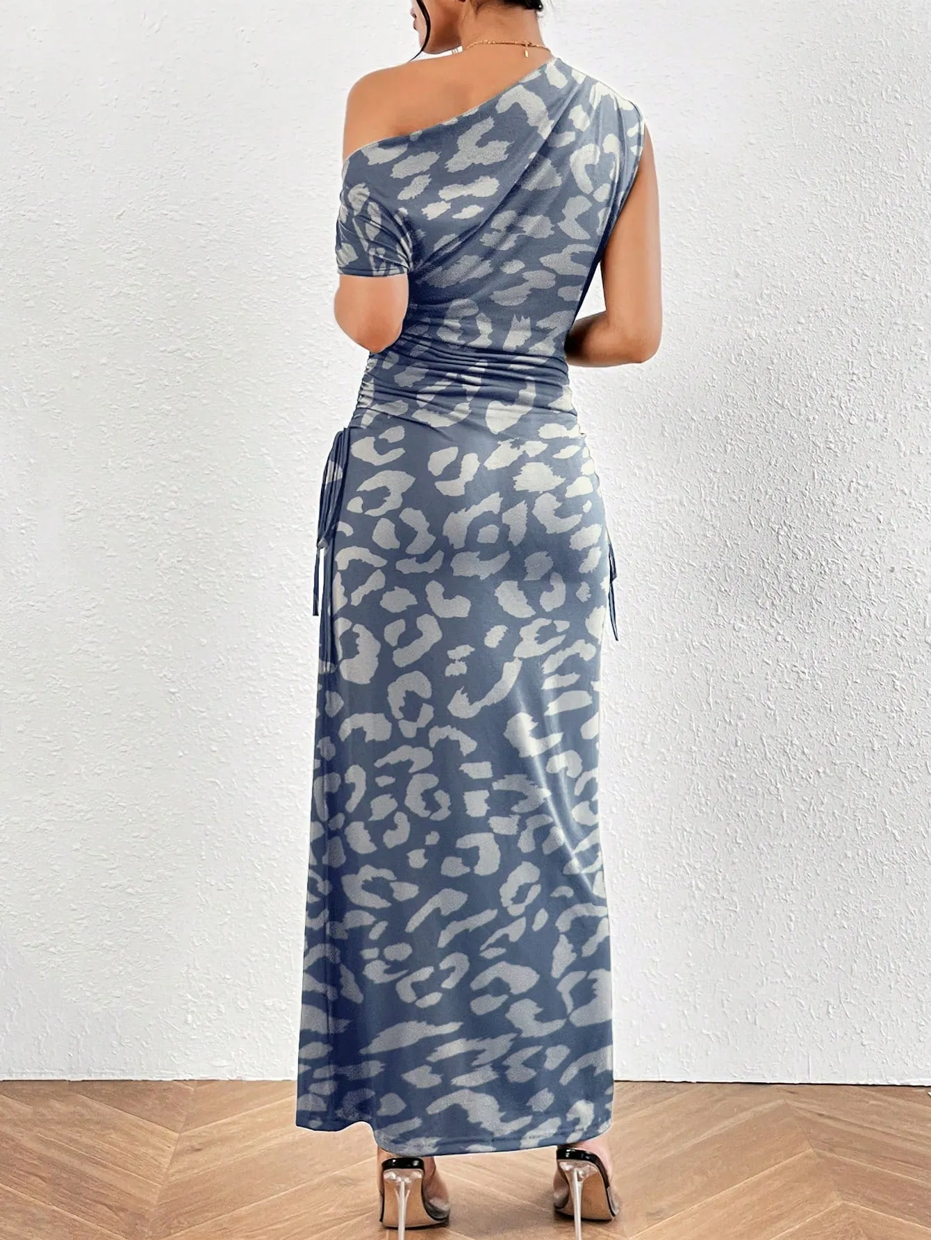 Leopard Print Asymmetrical Neck Ruched Side Mermaid Hem Dress