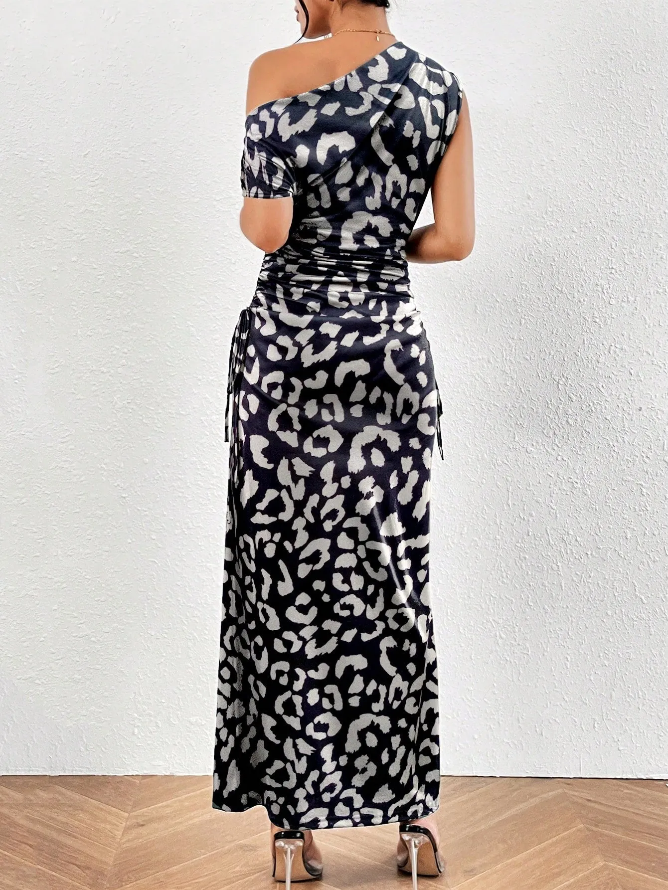 Leopard Print Asymmetrical Neck Ruched Side Mermaid Hem Dress