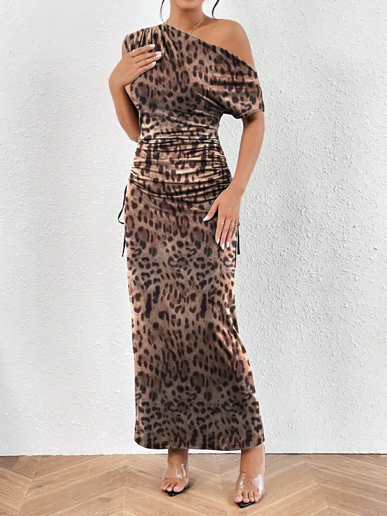 Leopard Print Asymmetrical Neck Ruched Side Mermaid Hem Dress