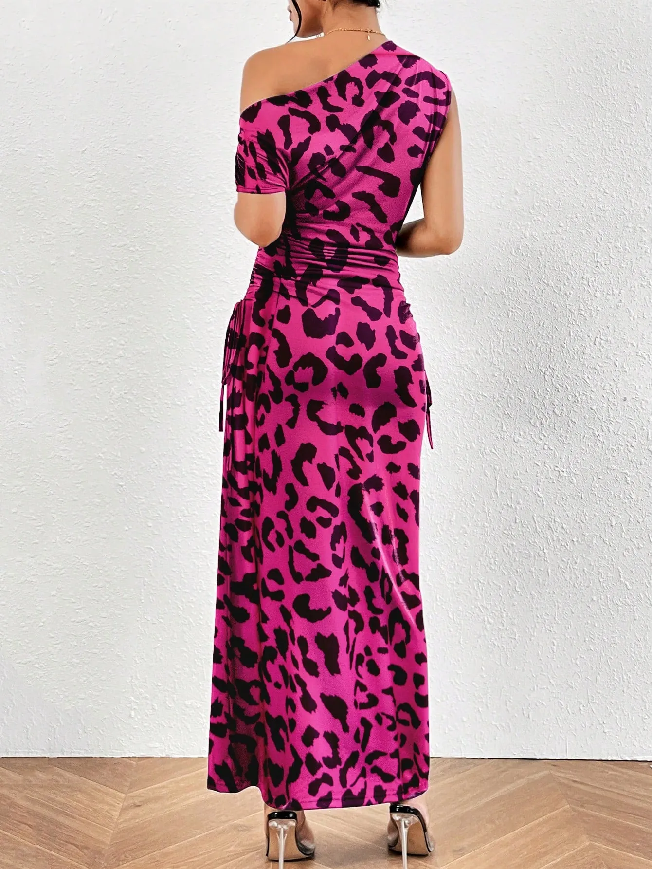 Leopard Print Asymmetrical Neck Ruched Side Mermaid Hem Dress