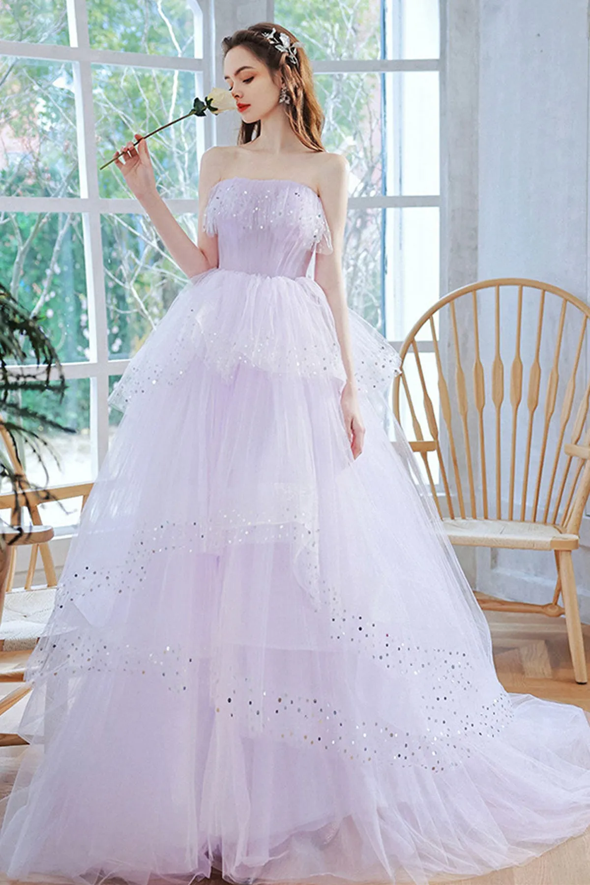 Light Purple Tulle Strapless Layered Long Prom Dresses, Light Purple Formal Evening Dresses, Lilac Ball Gown WT1086