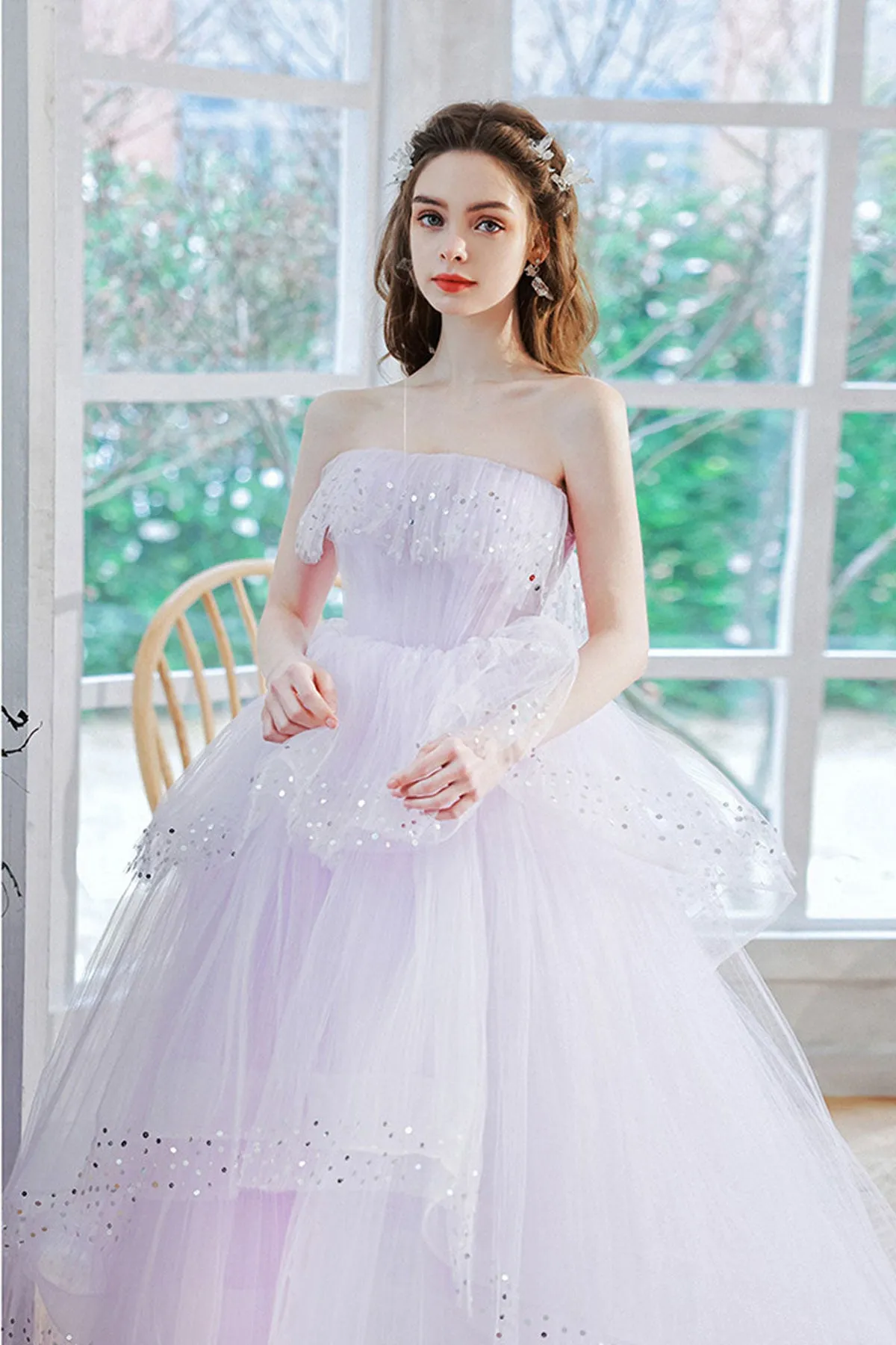 Light Purple Tulle Strapless Layered Long Prom Dresses, Light Purple Formal Evening Dresses, Lilac Ball Gown WT1086