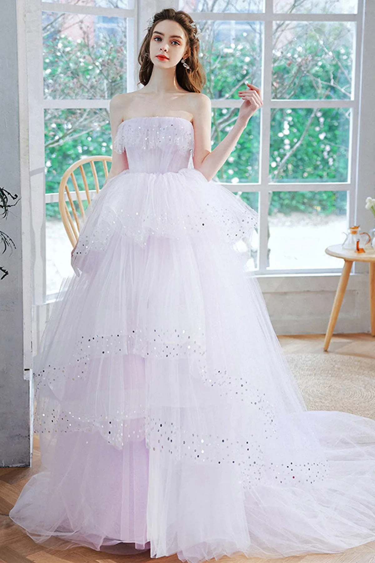 Light Purple Tulle Strapless Layered Long Prom Dresses, Light Purple Formal Evening Dresses, Lilac Ball Gown WT1086