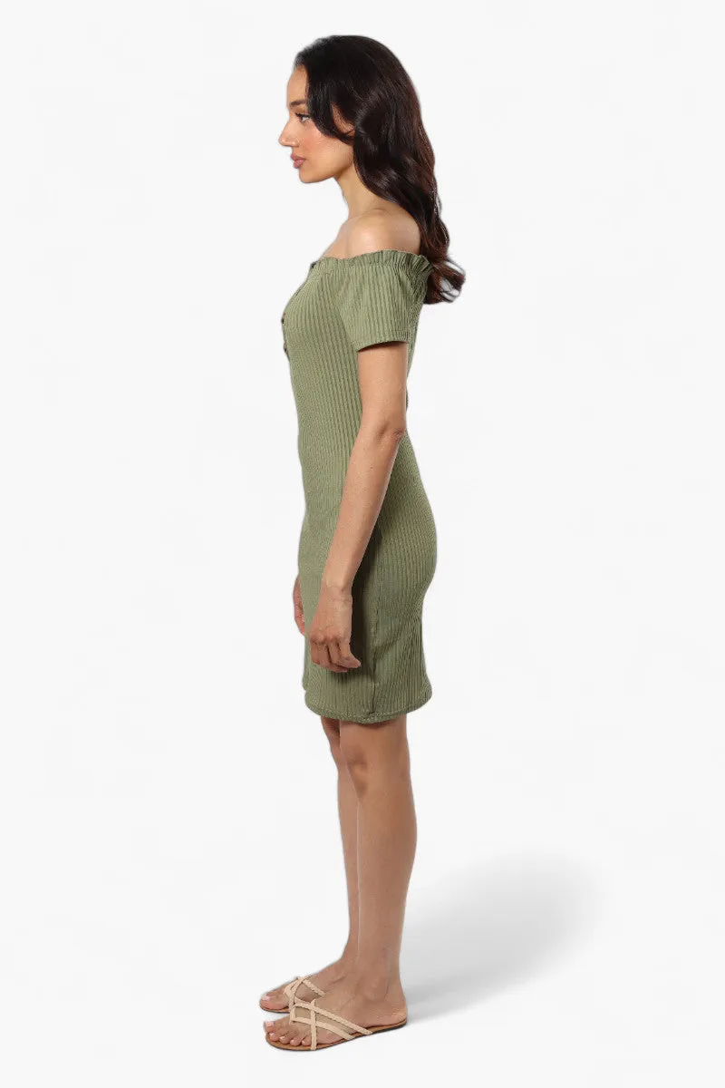 Majora Ribbed Off Shoulder Day Dress - Green