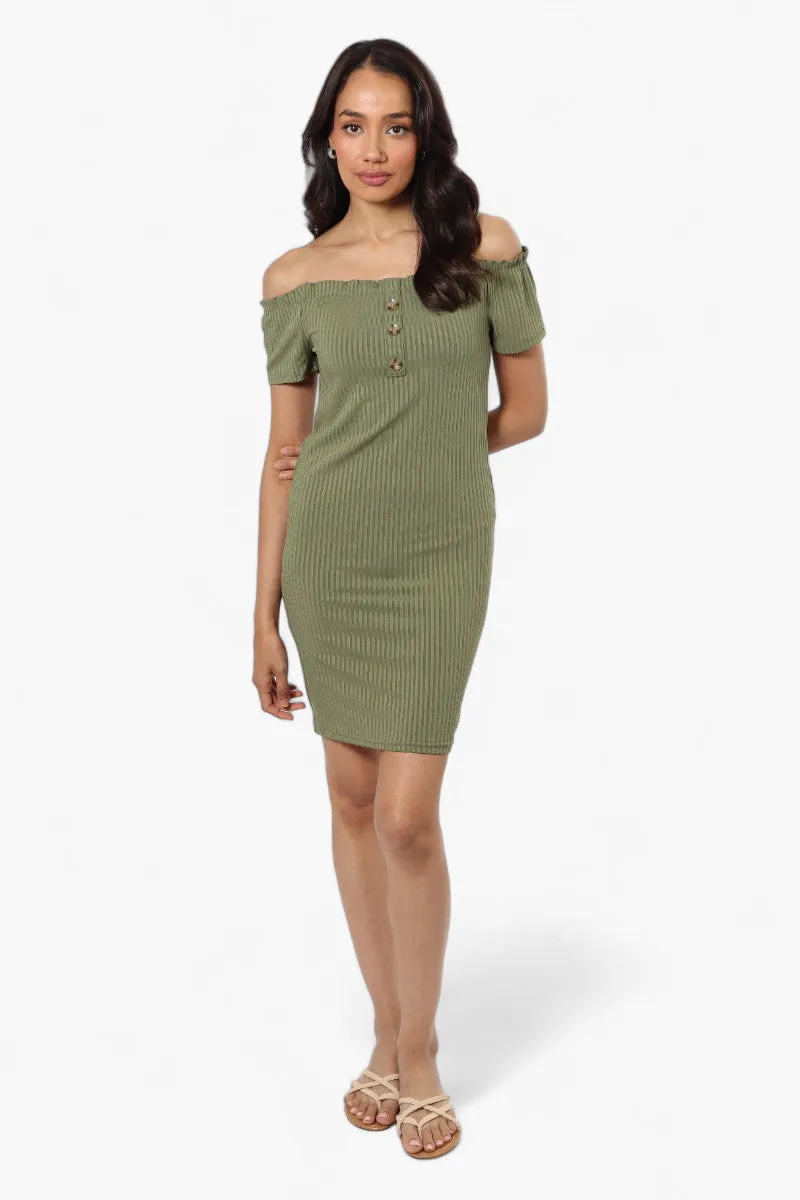 Majora Ribbed Off Shoulder Day Dress - Green