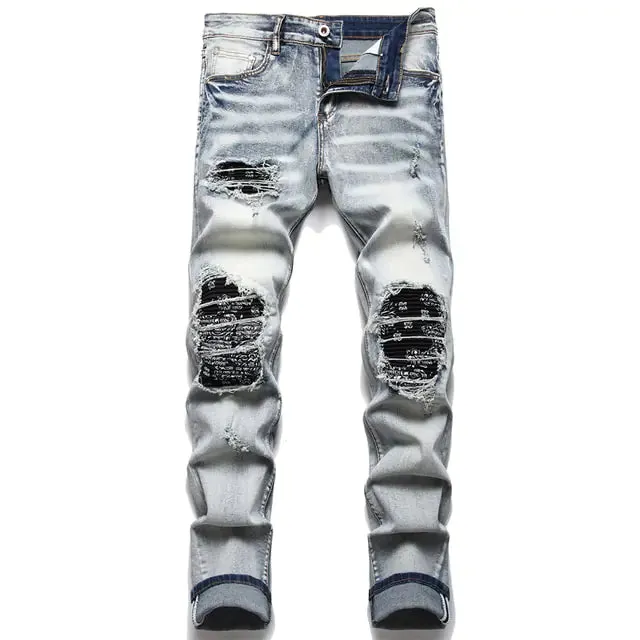 Men's Paisley Bandana Print Patch Jeans^