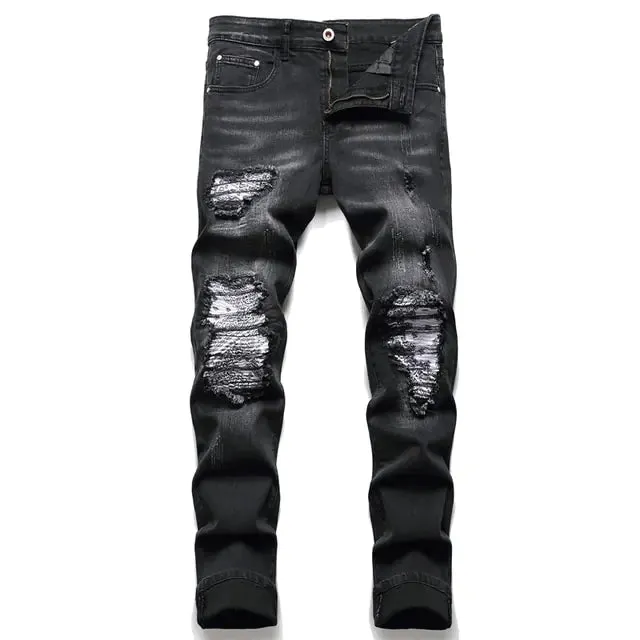 Men's Paisley Bandana Print Patch Jeans^