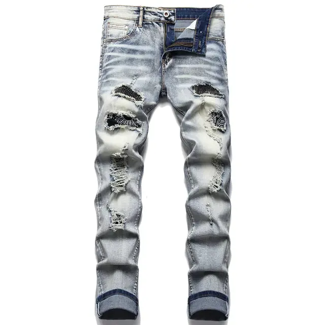 Men's Paisley Bandana Print Patch Jeans^