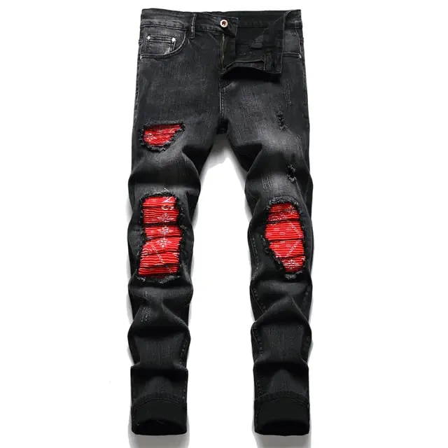 Men's Paisley Bandana Print Patch Jeans^