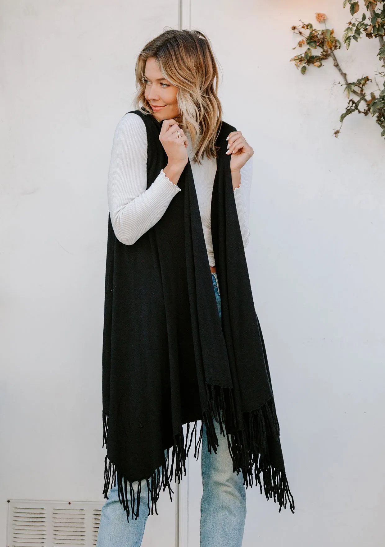 Mid Length Hooded Vest with Fringe