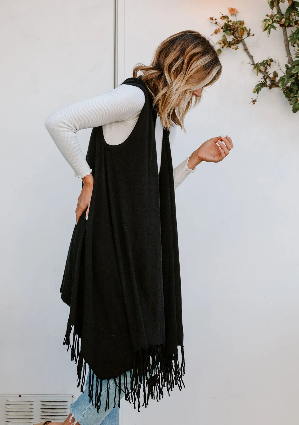 Mid Length Hooded Vest with Fringe