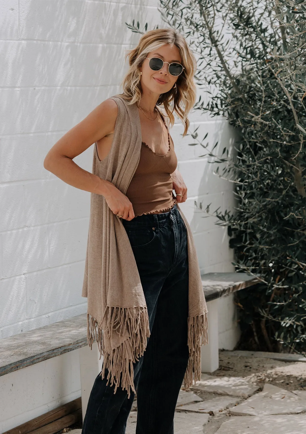 Mid Length Hooded Vest with Fringe