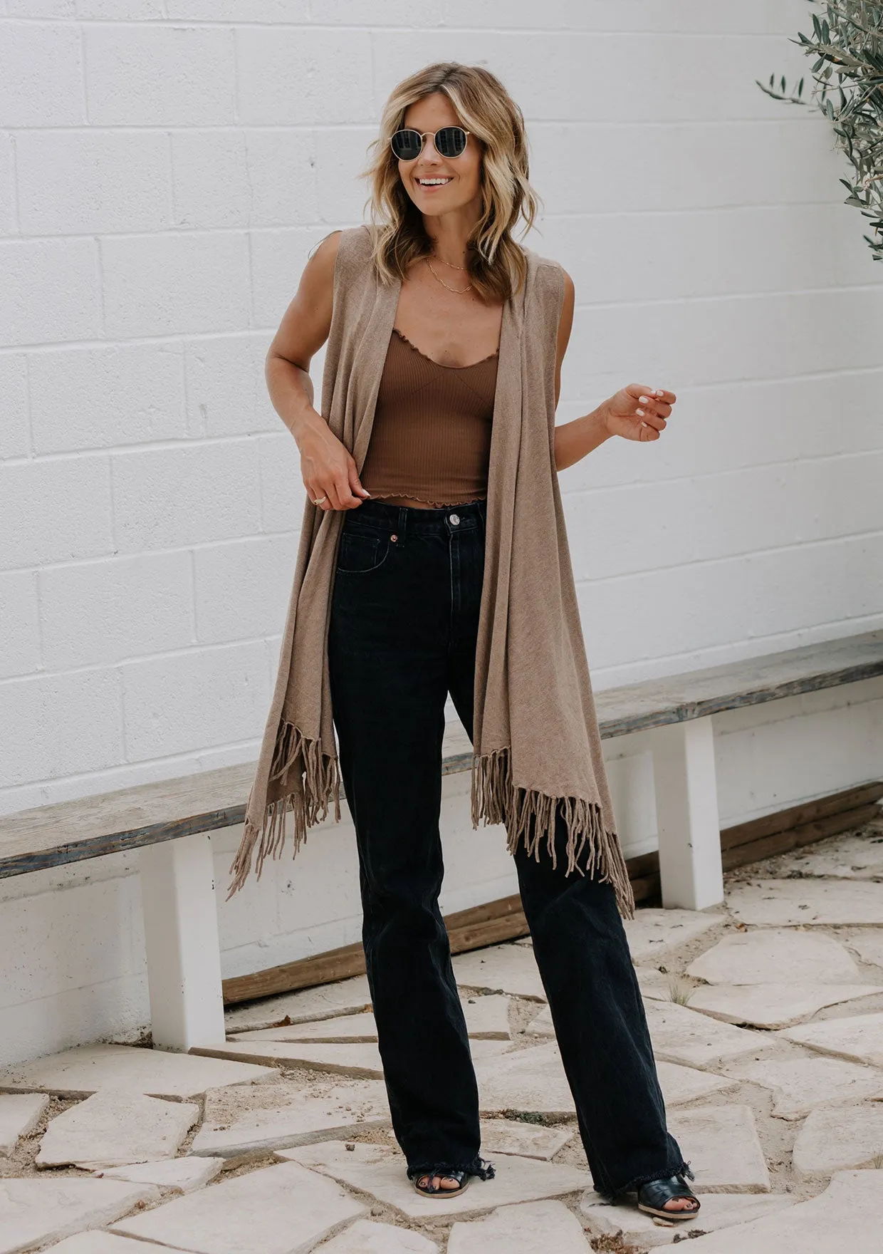 Mid Length Hooded Vest with Fringe