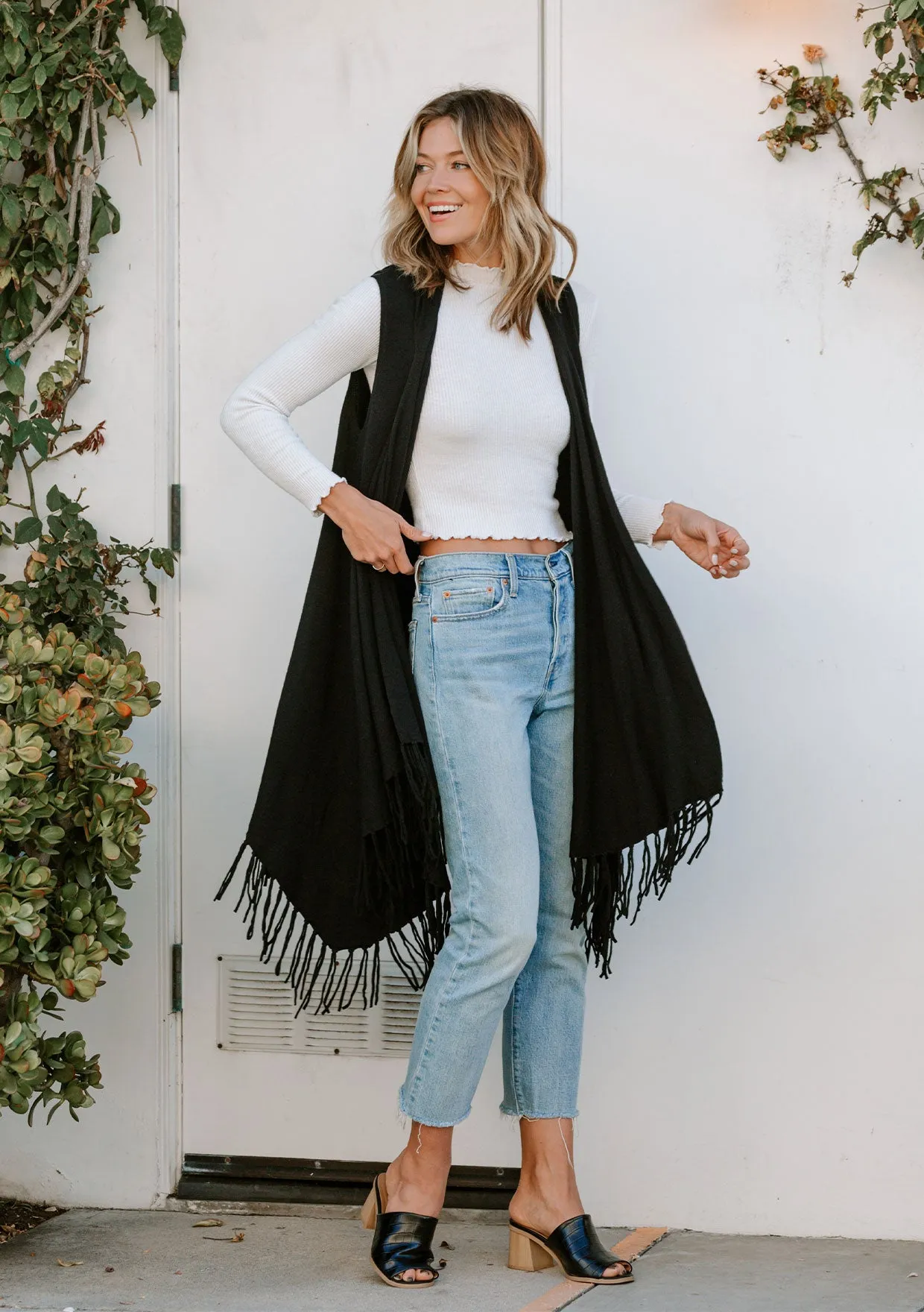 Mid Length Hooded Vest with Fringe