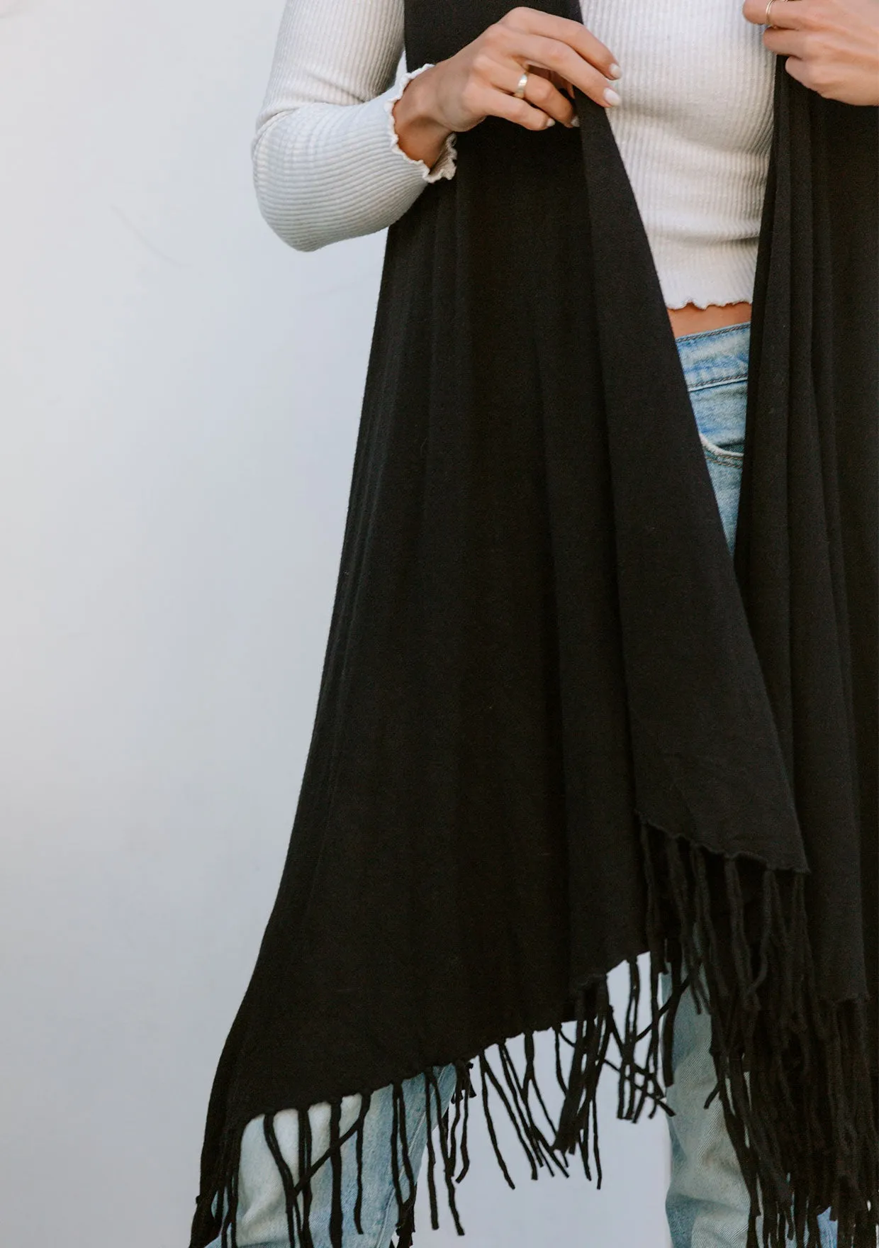 Mid Length Hooded Vest with Fringe