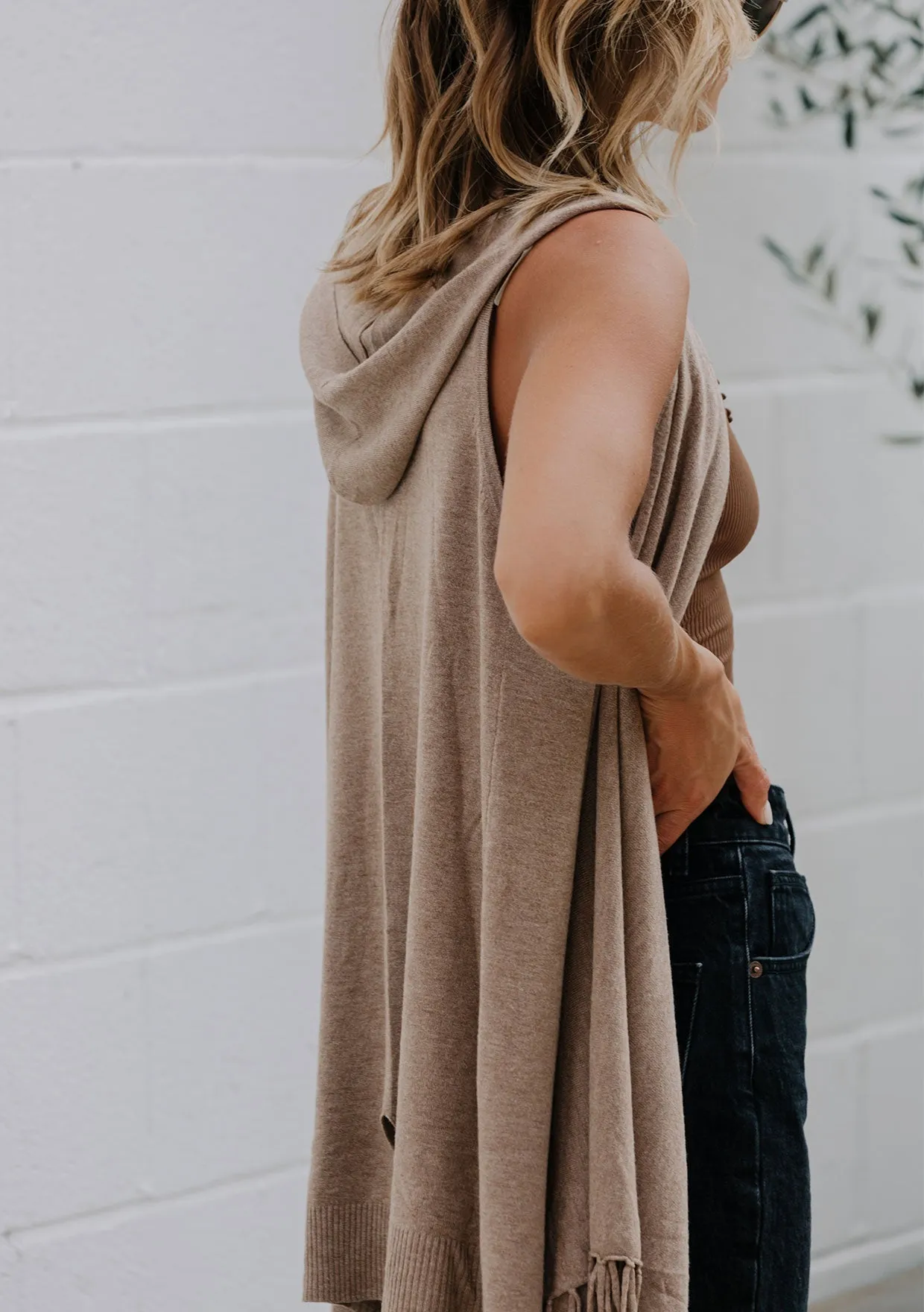 Mid Length Hooded Vest with Fringe