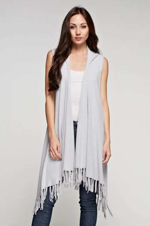 Mid Length Hooded Vest with Fringe