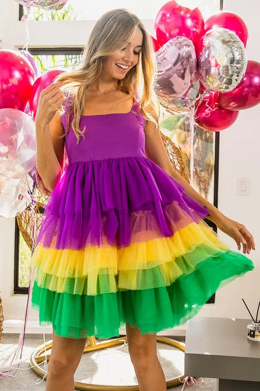 Mustard Mardi Gras Color Block Layered Mesh Tiered Dress