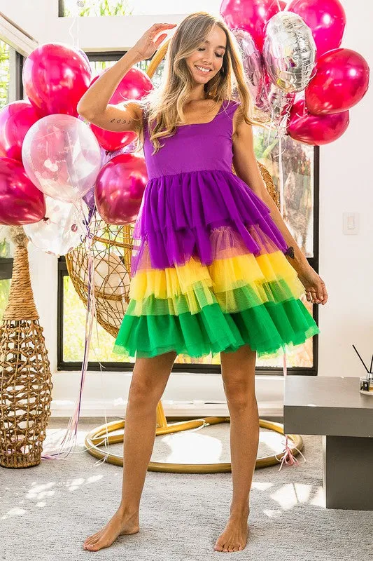 Mustard Mardi Gras Color Block Layered Mesh Tiered Dress