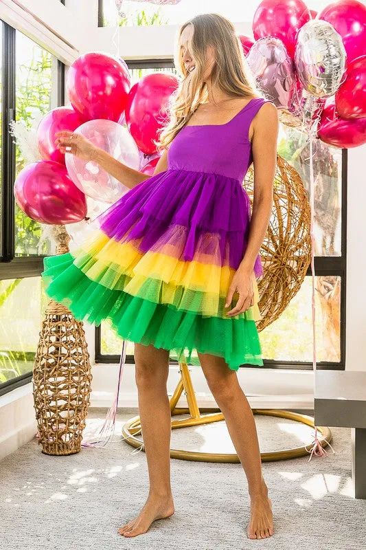 Mustard Mardi Gras Color Block Layered Mesh Tiered Dress