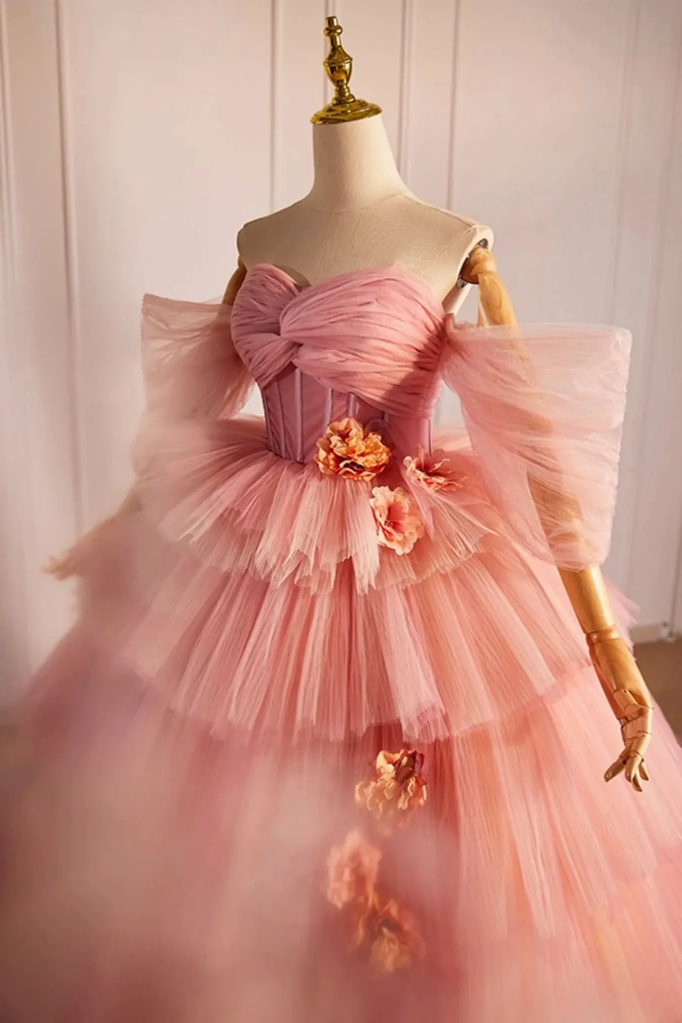 Pink Tulle Off Shoulder Layered Floral Long Prom Dresses, Off the Shoulder Pink Formal Evening Dresses, Pink Ball Gown WT1403