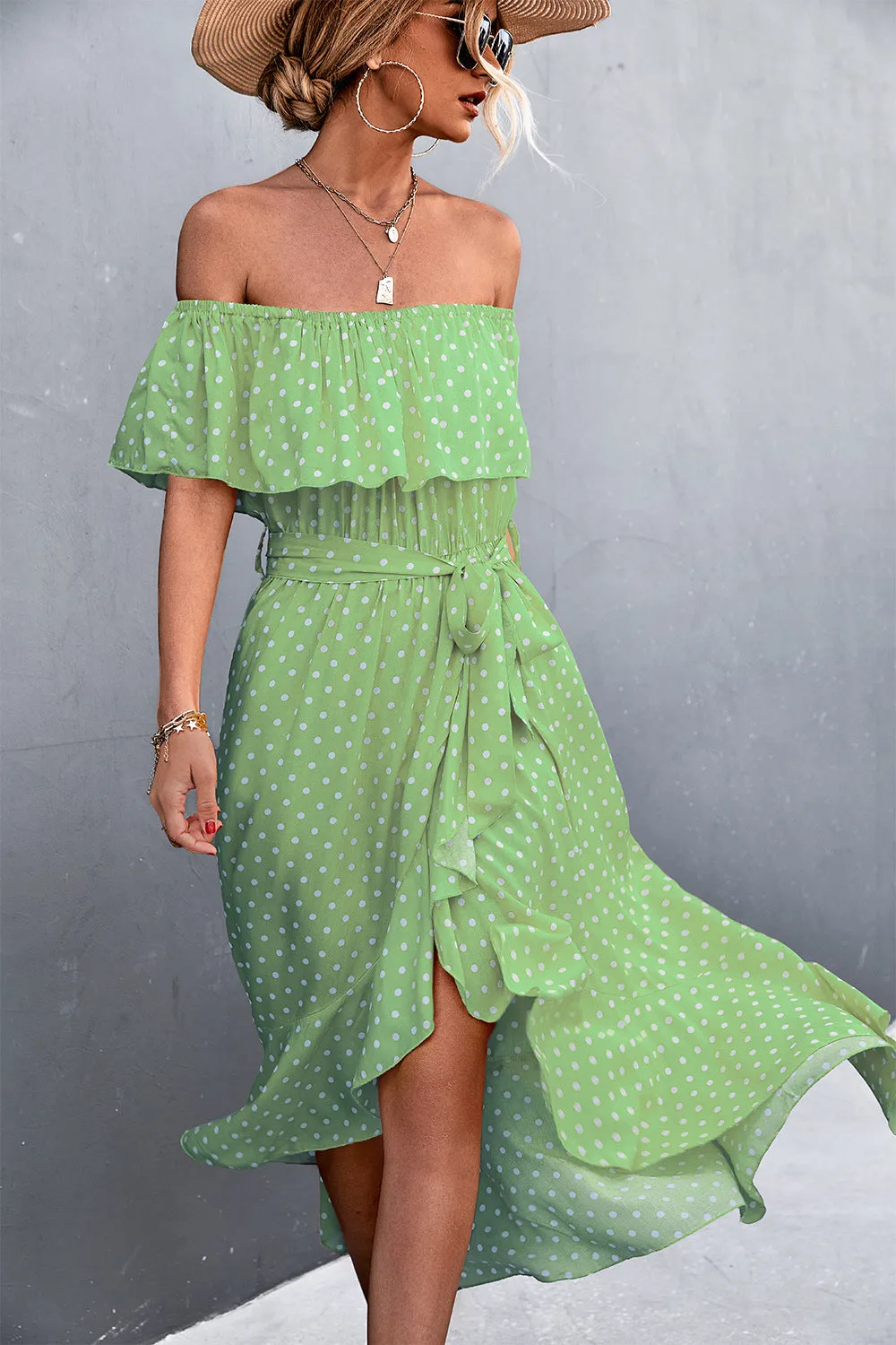 Polka Dot Layered Off-Shoulder Belted Dress