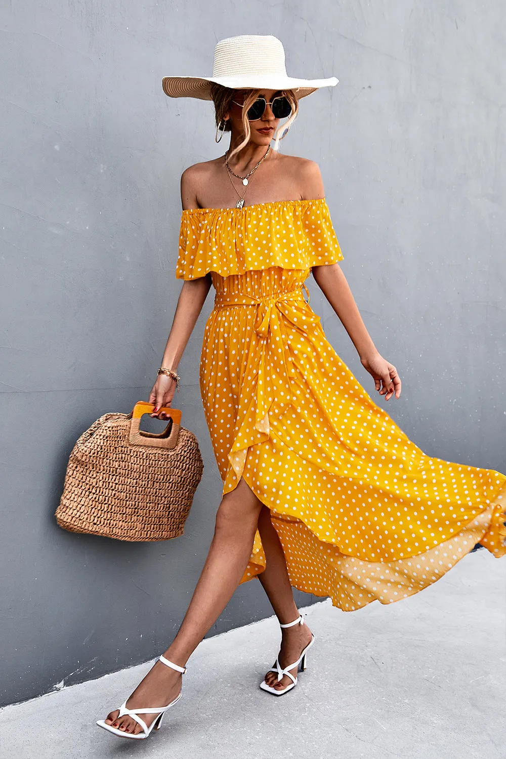 Polka Dot Layered Off-Shoulder Belted Dress