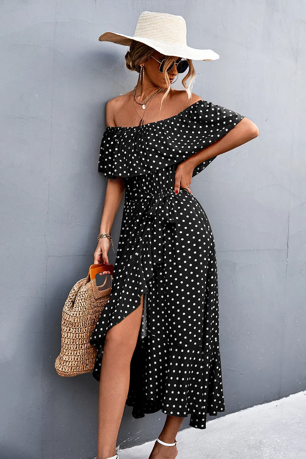 Polka Dot Layered Off-Shoulder Belted Dress