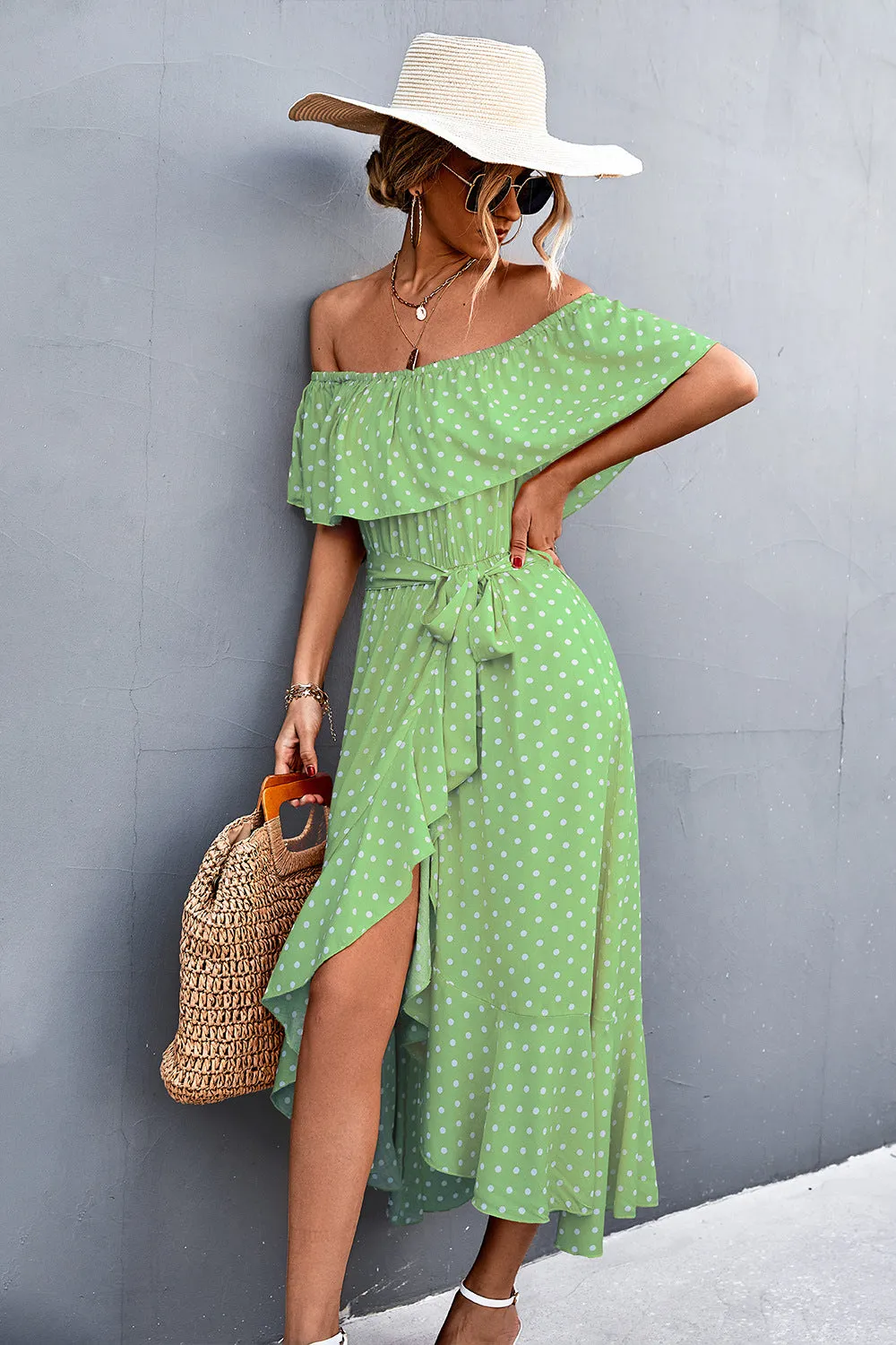 Polka Dot Layered Off-Shoulder Belted Dress