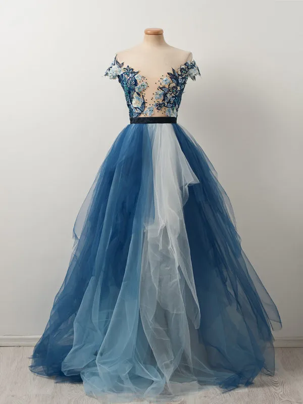 Popular Off Shoulder Appliques Gradient Blue Ball Gown Prom Dresses  ,PD00106