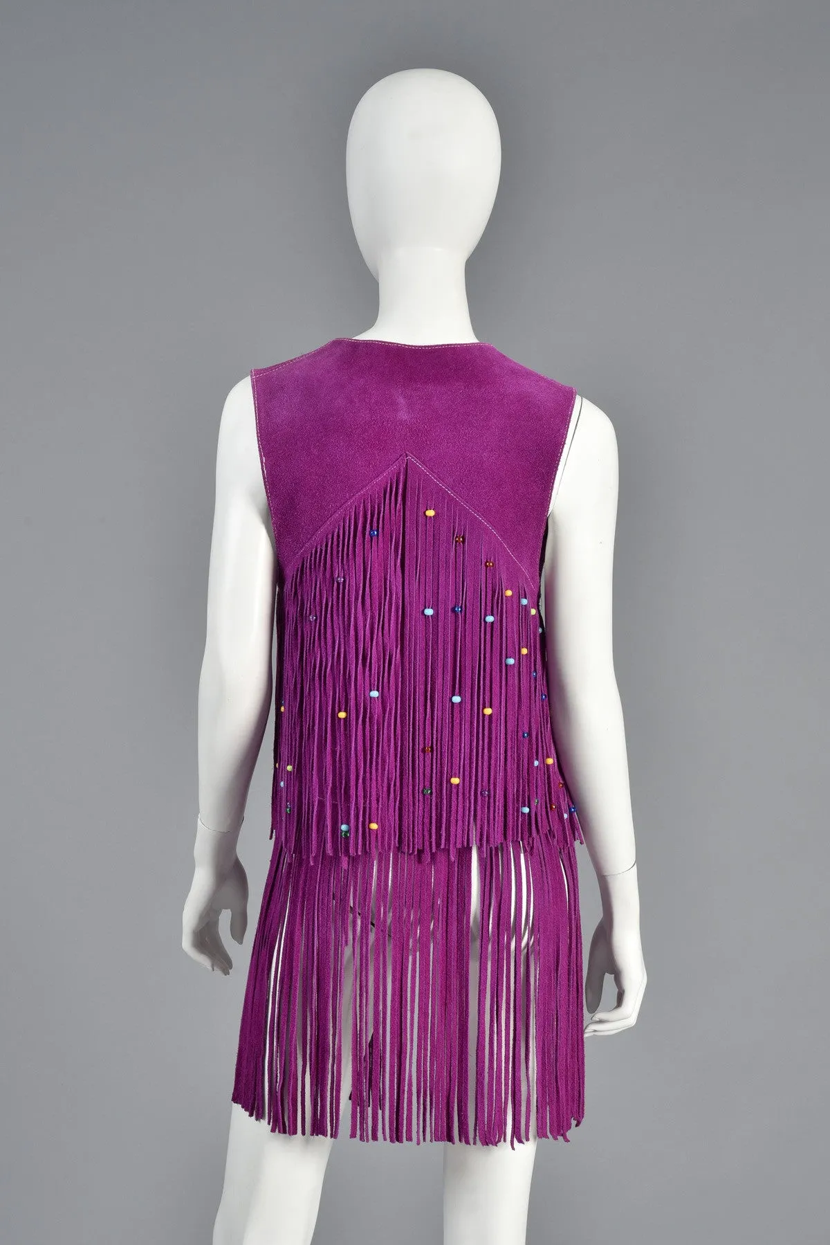 Rare 1960s Beaded Violet Suede Leather Fringed Vest