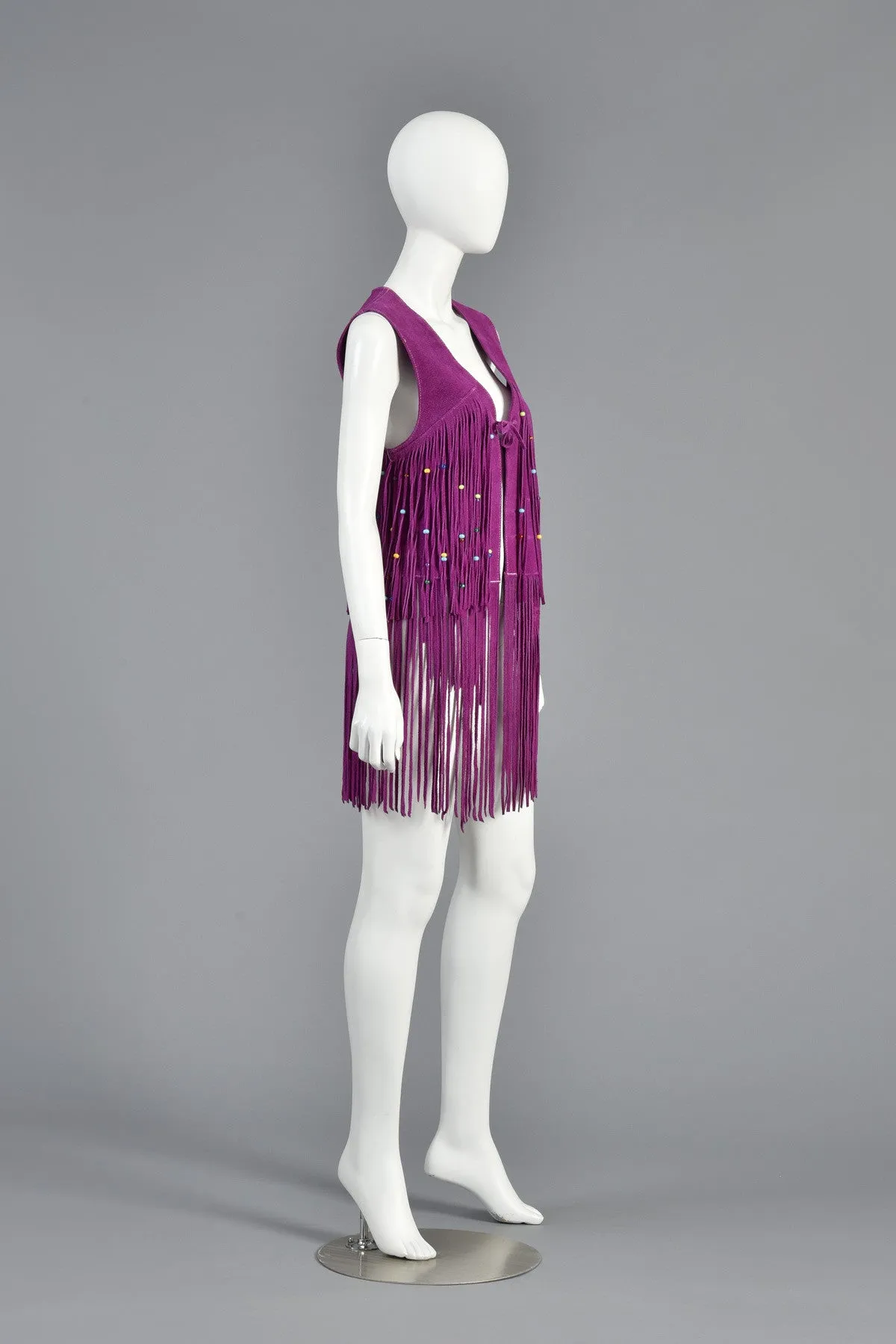 Rare 1960s Beaded Violet Suede Leather Fringed Vest