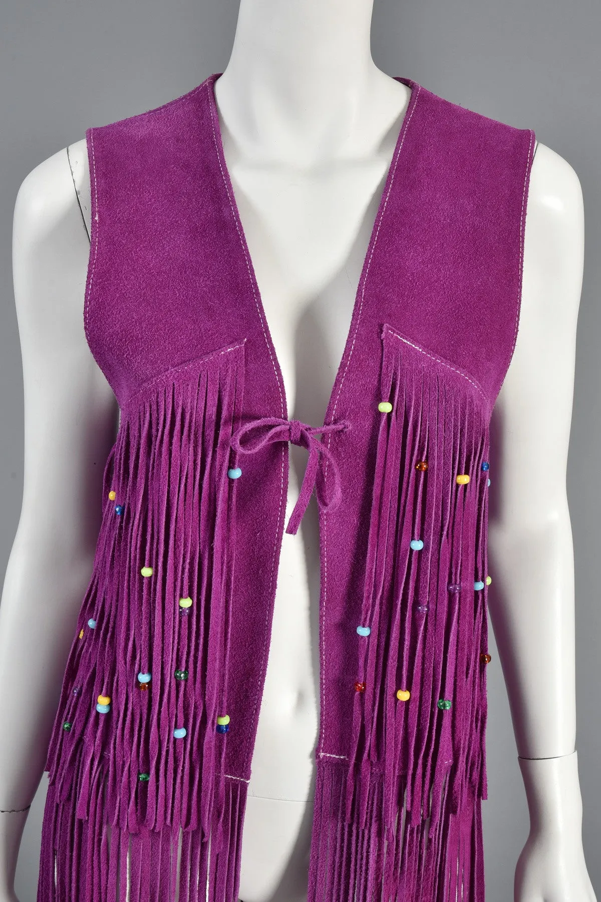 Rare 1960s Beaded Violet Suede Leather Fringed Vest