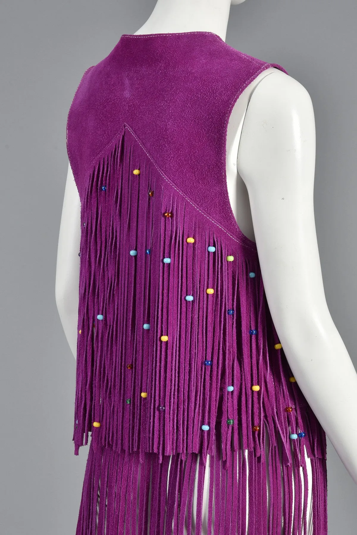 Rare 1960s Beaded Violet Suede Leather Fringed Vest