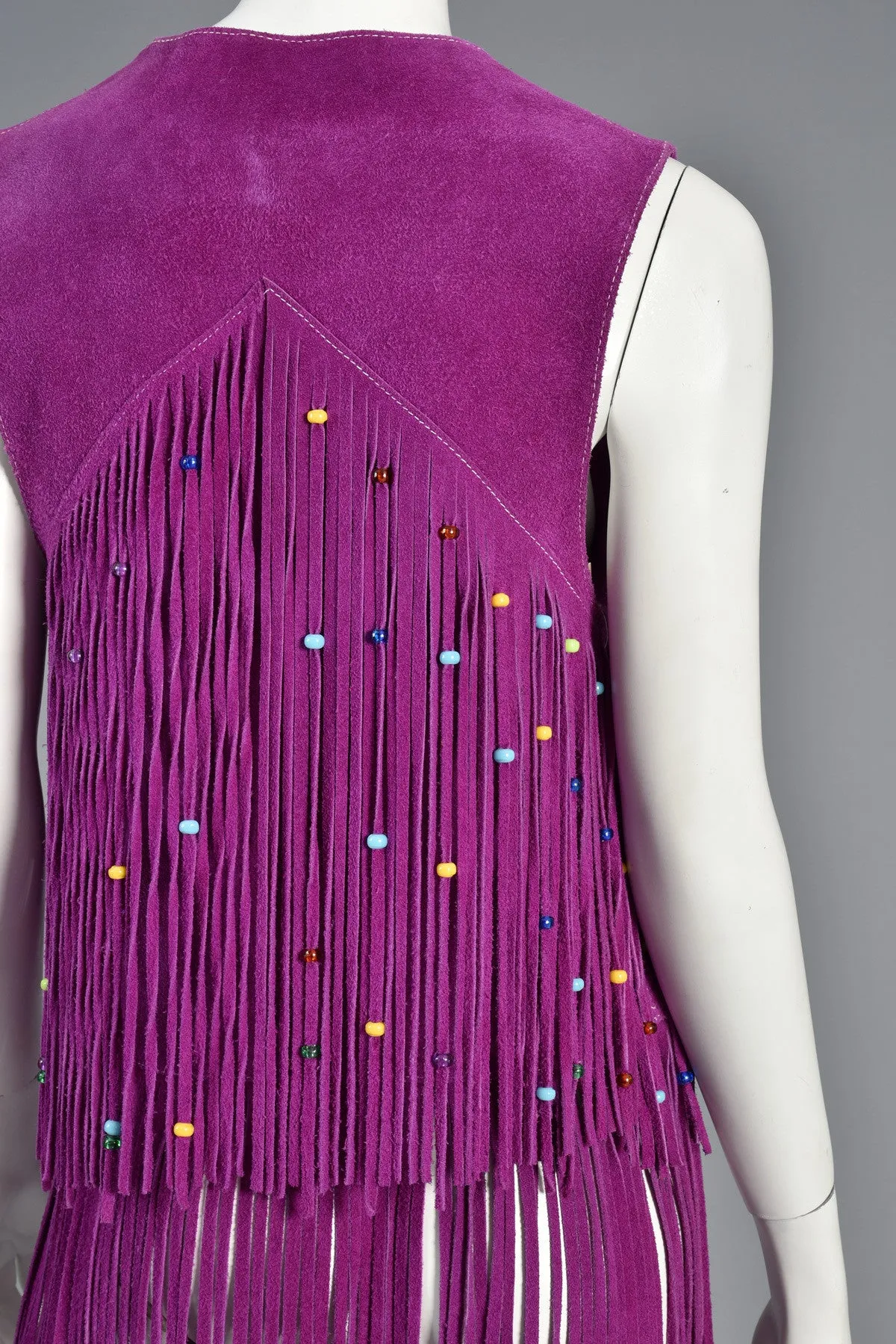 Rare 1960s Beaded Violet Suede Leather Fringed Vest