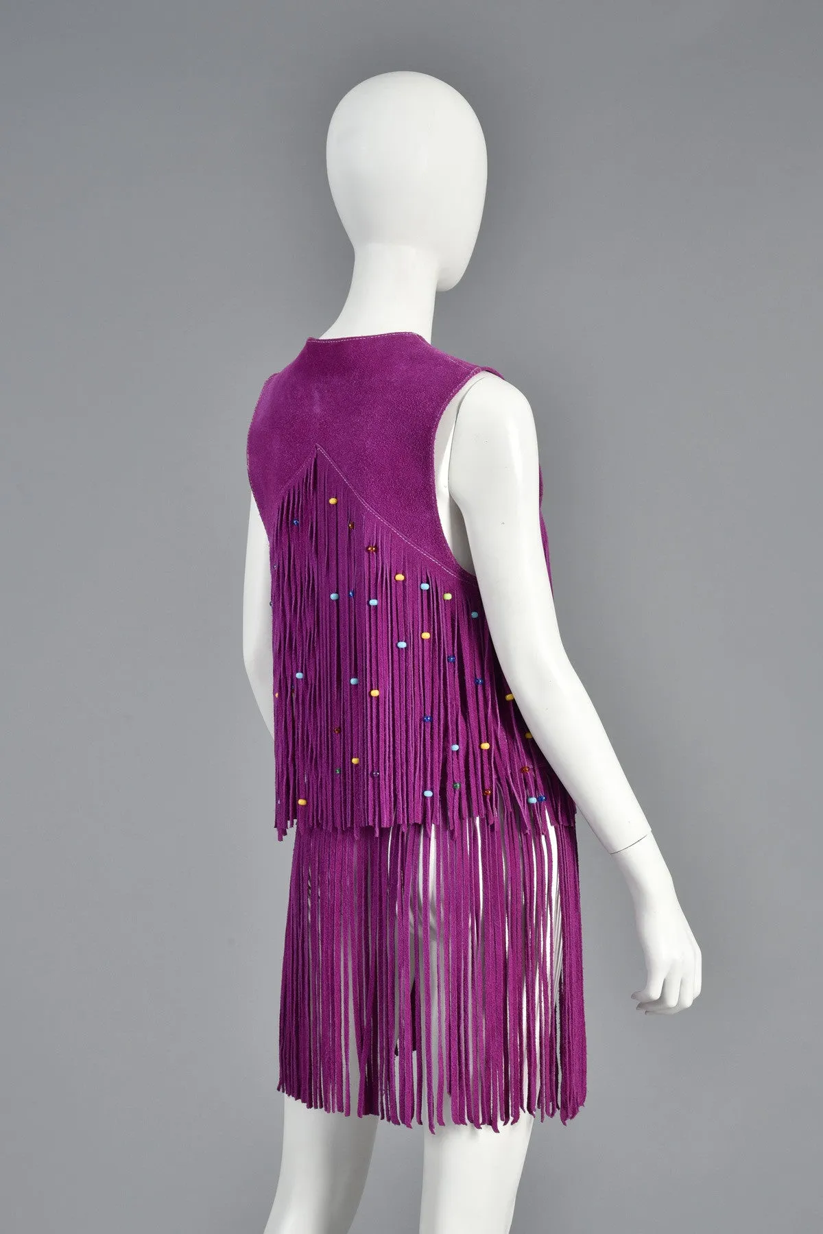 Rare 1960s Beaded Violet Suede Leather Fringed Vest