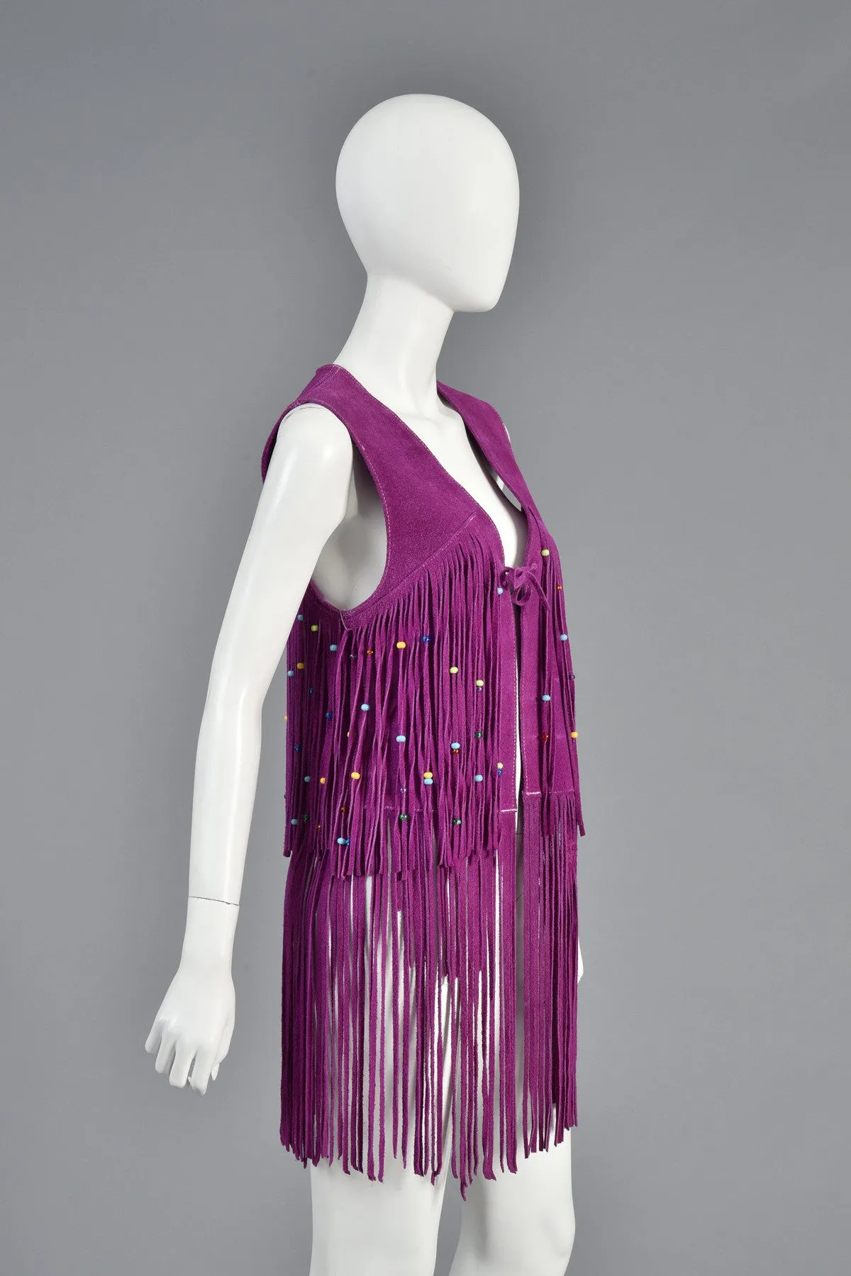 Rare 1960s Beaded Violet Suede Leather Fringed Vest