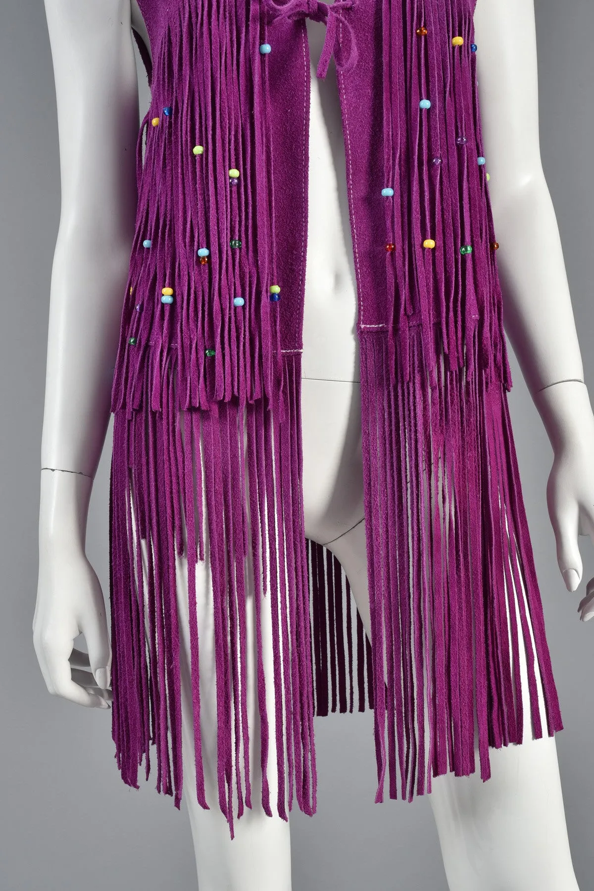 Rare 1960s Beaded Violet Suede Leather Fringed Vest