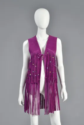 Rare 1960s Beaded Violet Suede Leather Fringed Vest