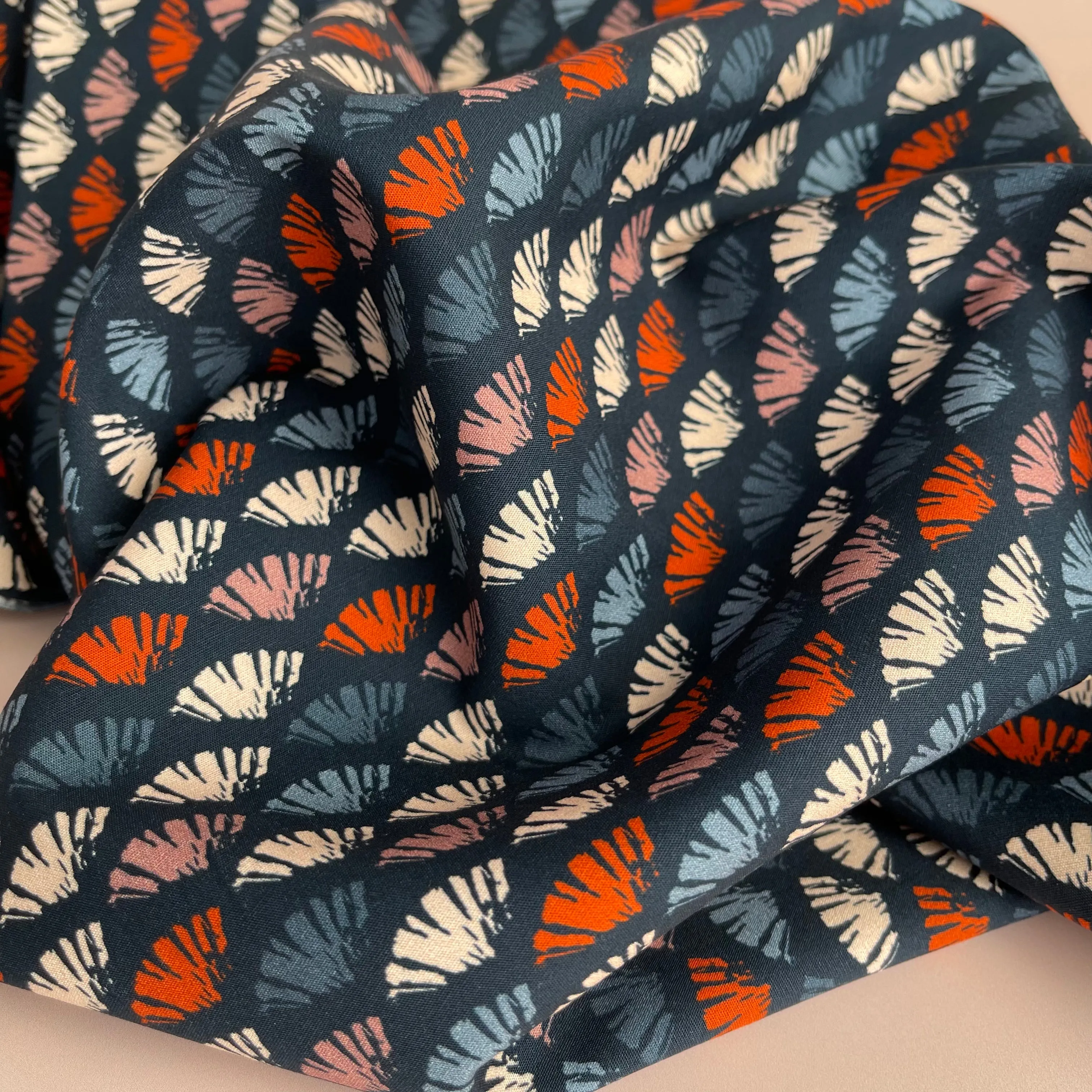 REMNANT 2.3 Metres - Woodland Notions Fans Navy Cotton Poplin Fabric