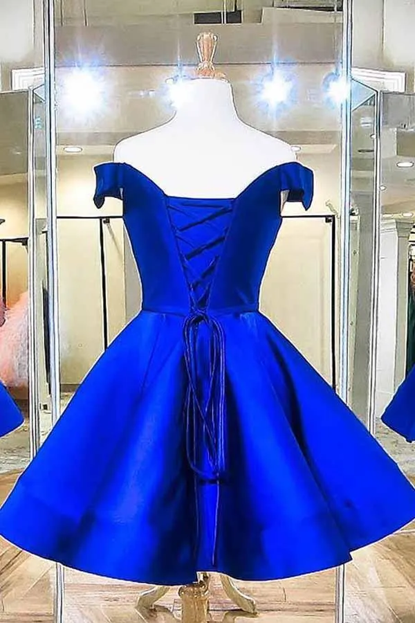 Royal Blue Satin A-line Off Shoulder Lace up Back Homecoming Dresses, SH623