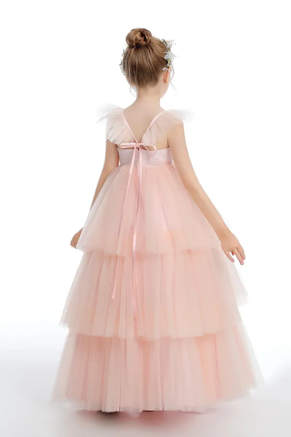 Ruffles Layered Pink Tulle Flower Girl Dresses With Bowknot APF0034