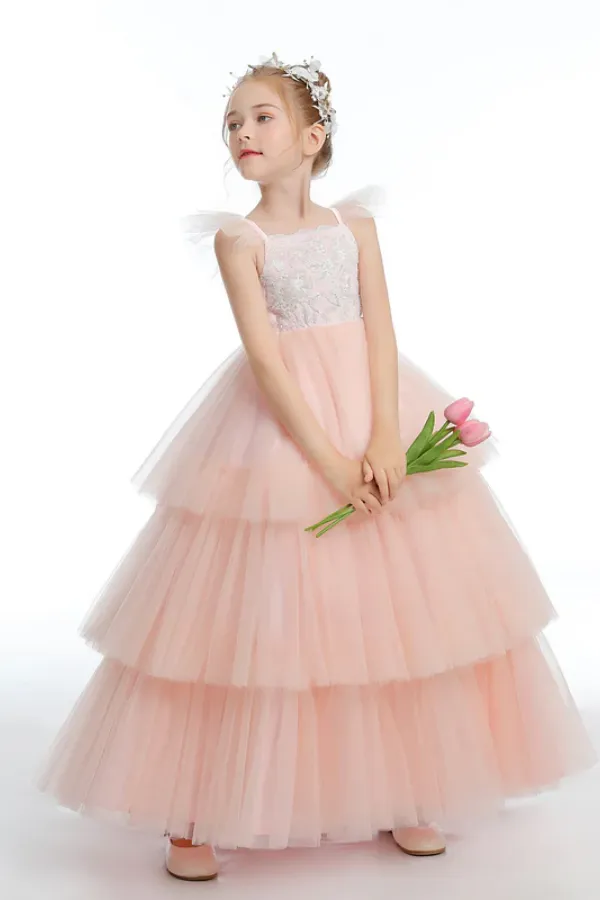 Ruffles Layered Pink Tulle Flower Girl Dresses With Bowknot APF0034