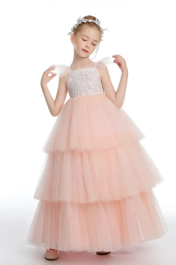 Ruffles Layered Pink Tulle Flower Girl Dresses With Bowknot APF0034