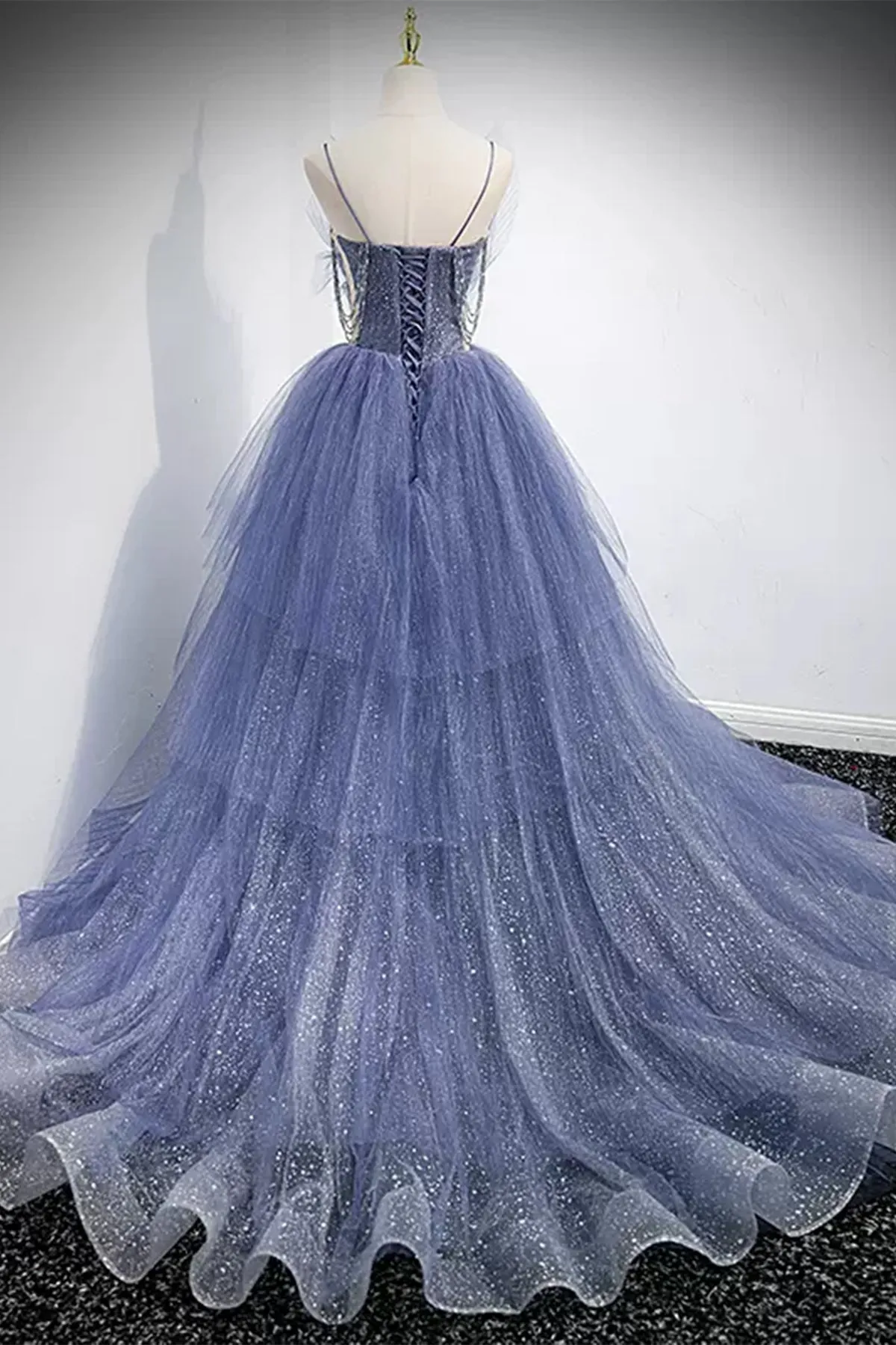 Shiny Blue Tulle V Neck Layered Long Prom Dresses with Belt, Blue Tulle Formal Evening Dresses WT1214